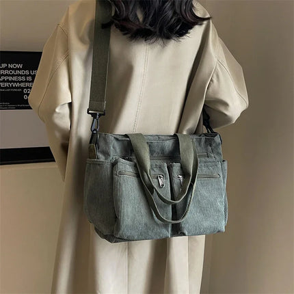 Bolso de Mujer Casual de Pana de Estilo Vintage y Gran Capacidad en color verde ceniza
