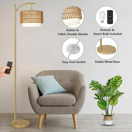 Lámpara de pie dorado, control remoto y bombilla LED regulable - tugranalmacen.com