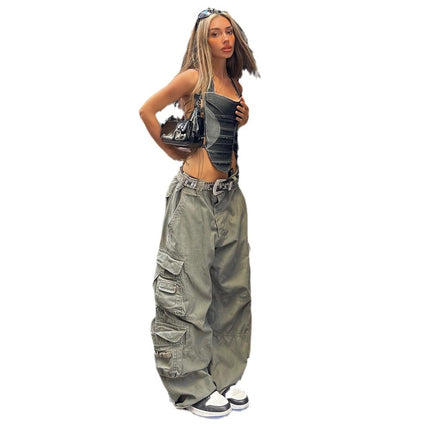 Pantalones anchos grises con efecto adelgazante y bolsillos