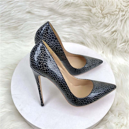 Zapatos de tacón alto con estampado geométrico en charol negro, estilo elegante, tugranalmacen.com