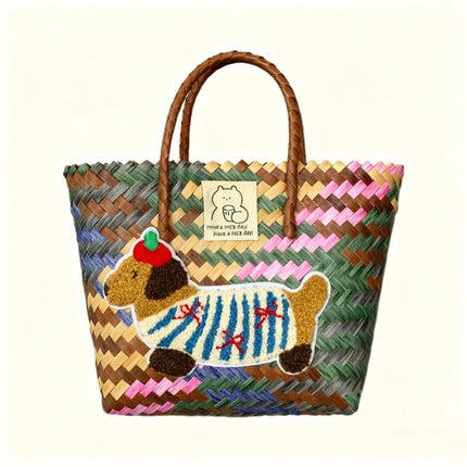 Large capacity sausage dog hand woven cabbage basket rattan woven handbag office miscellaneous carry bag picnic women's bag - tugranalmacen.com