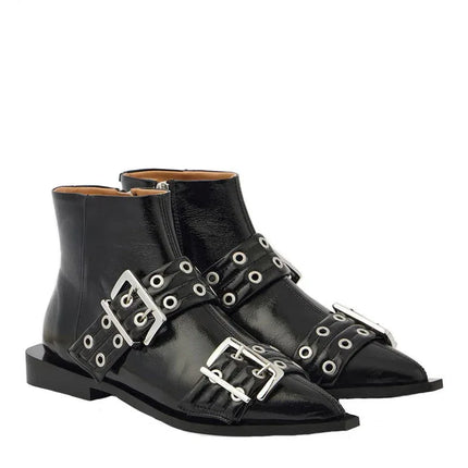 Botas Stilletto negras de cuero con hebillas metálicas y tacón medio estilo moderno