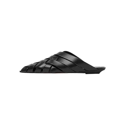 Zapatillas de moda para mujer negras de cuero estilo mule con punta puntiaguda