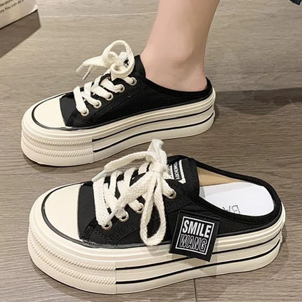 Pantuflas Baotou mujer negras, suela gruesa, material textil, estilo casual con cordones blancos