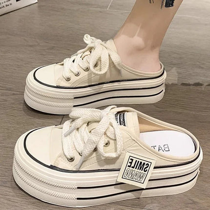 Pantuflas Baotou mujer, beige, lona, suela gruesa, estilo casual, diseño tipo zapatilla