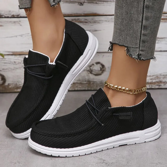 Mocasines de lona con punta redonda negros, estilo casual, suela blanca, calzado de mujer