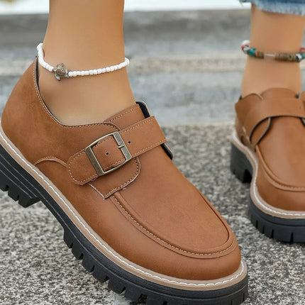 Mocasines de PU con hebilla y punta redonda, color negro