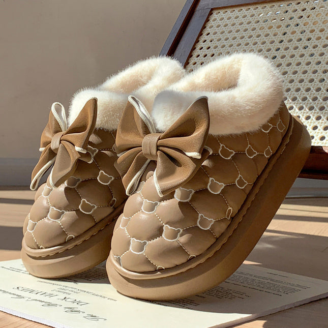 Pantuflas Fun-Mingsheng marrones de algodón y terciopelo con lazo decorativo y diseño acolchado