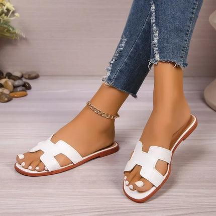 Sandalias de una sola pieza blancas de cuero, estilo casual, suela plana, Sandalias de una sola pieza cómodas