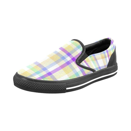 Zapatillas Slip-On Deco cuadros multicolor mujer, diseño casual, tela estampada, suela de goma, detalles en negro