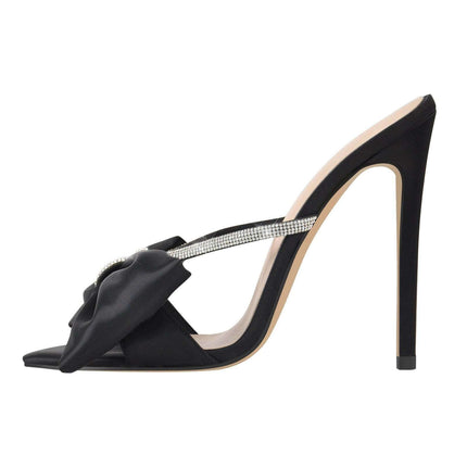 Sandalias de tacón alto y lazo grande para mujer, negras, satén, elegantes, con detalle de pedrería