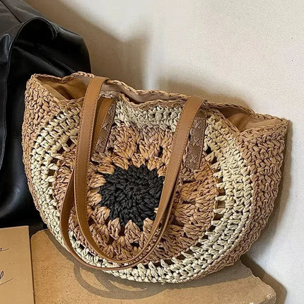 Paper rope hollow out colorful round plate grass woven bag casual beach bag one shoulder fashionable woven bag - tugranalmacen.com