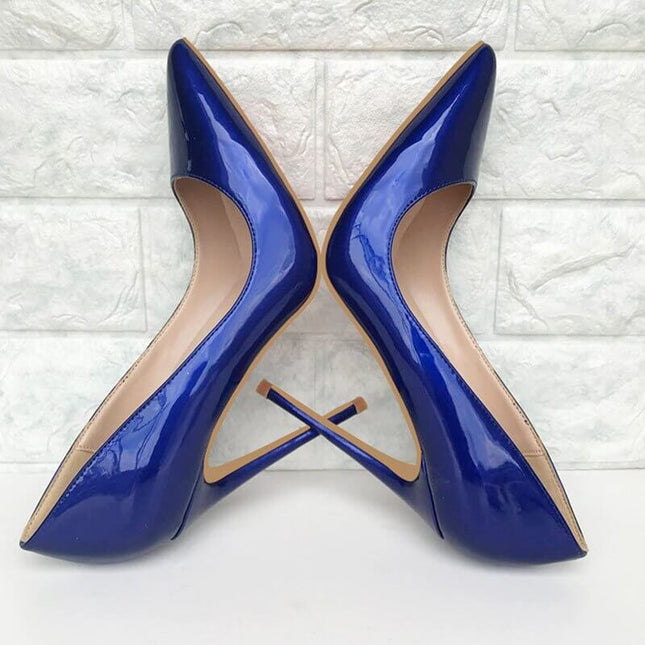 Zapatos de tacón de aguja en charol azul oscuro para mujer, elegantes y brillantes