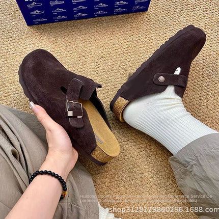 Sandalias de cuero genuino con punta redonda para mujer