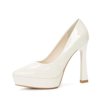 Zapatos Plataforma de tacón alto, color crema, charol brillante, estilo elegante