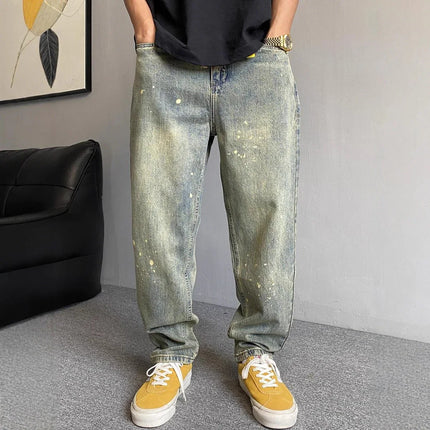 Pantalones vaqueros holgados de estilo informal de invierno para hombre, lavados, vintage, con salpicaduras, rectos, de gran tamaño, versátiles y cóni - tugranalmacen.com
