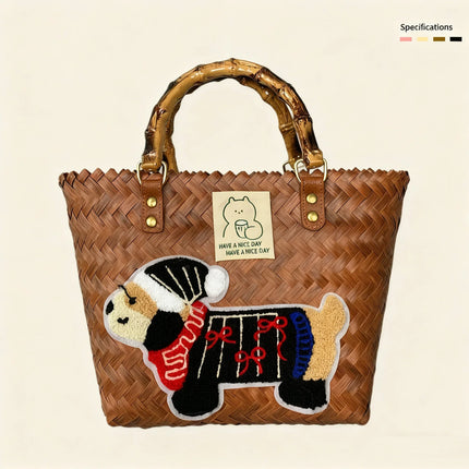 Large capacity sausage dog hand woven cabbage basket rattan woven handbag office miscellaneous carry bag picnic women's bag - tugranalmacen.com