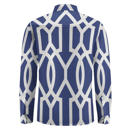 Camisa de Hombre Manga Larga y Patrón Geométrico Azul Blanco