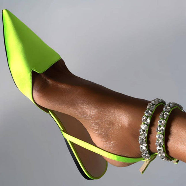 Sandalias planas minimalistas verdes con tiras de pedrería, estilo cómodo, sandalias planas con tiras de mujer
