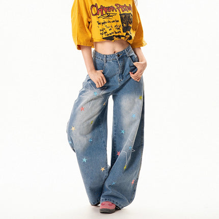 Jeans rectos mujer bordado estrellas azul