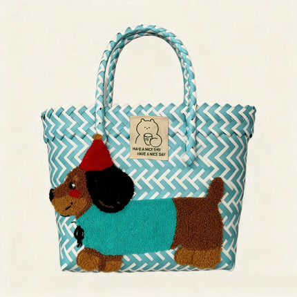 Large capacity sausage dog hand woven cabbage basket rattan woven handbag office miscellaneous carry bag picnic women's bag - tugranalmacen.com