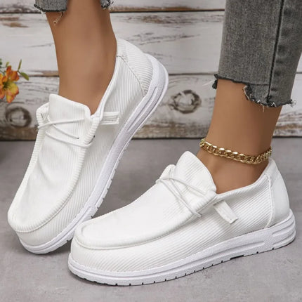Mocasines de lona con punta redonda blancos, estilo casual, material acanalado