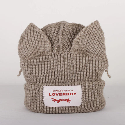 Gorro de lana con orejas engrosadas de doble capa, gorro de punto cálido de color sólido para otoño e invierno. - tugranalmacen.com
