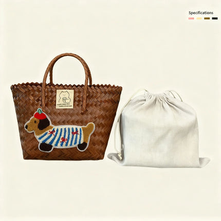 Large capacity sausage dog hand woven cabbage basket rattan woven handbag office miscellaneous carry bag picnic women's bag - tugranalmacen.com