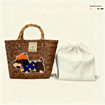 Large capacity sausage dog hand woven cabbage basket rattan woven handbag office miscellaneous carry bag picnic women's bag - tugranalmacen.com