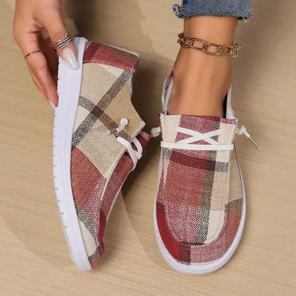 Zapatos planos sin cordones a cuadros rojos y beige, tela, estilo casual, punta redonda
