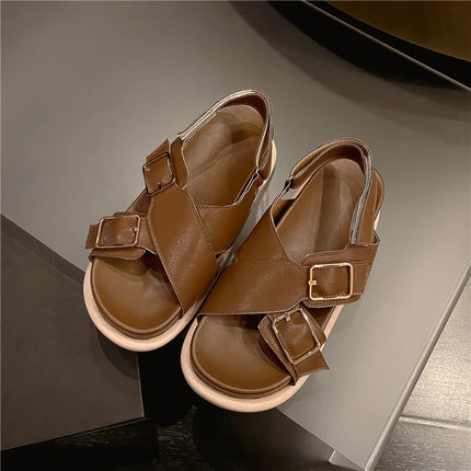 Sandalias de cuero marrón para mujer, cómodas para verano