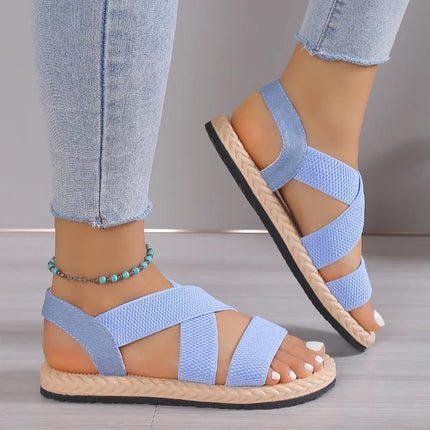 Sandalias planas de lino para mujer con punta abierta y suela de goma