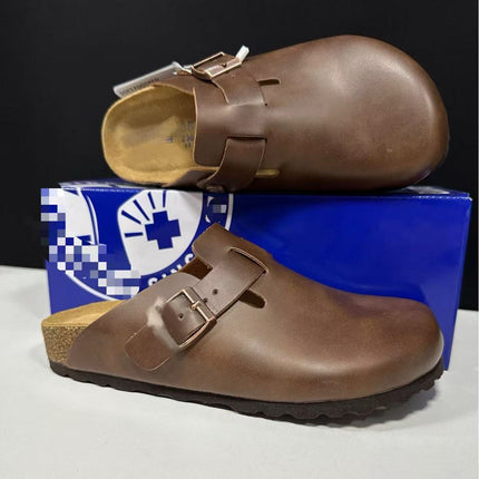Sandalias de cuero genuino con punta redonda para mujer