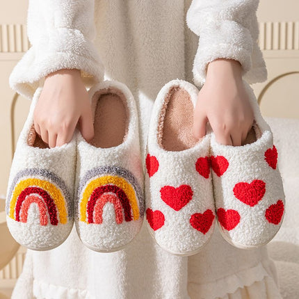 Pantuflas divertidas de algodón cálido, diseño arcoíris y corazones rojos, estilo acogedor y antideslizante