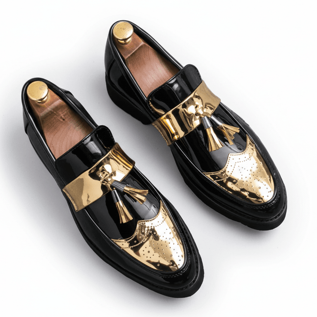 Zapatos de vestir con borlas estilo británico en negro y plateado