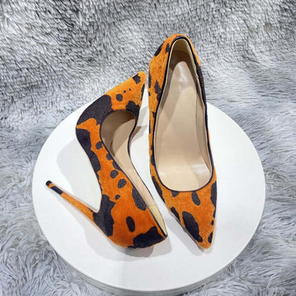 Zapatos de tacón alto con estampado de vaca naranja, material sintético, estilo elegante, Zapatos de tacón con estampado de v