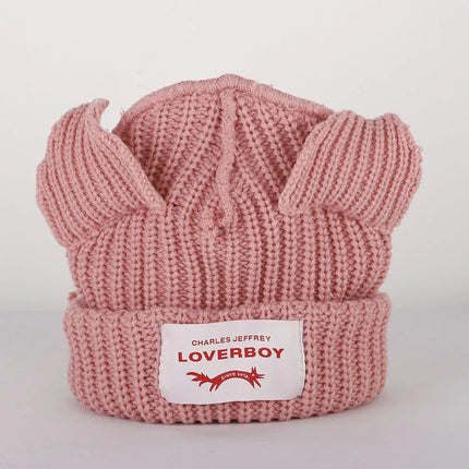 Gorro de lana con orejas engrosadas de doble capa, gorro de punto cálido de color sólido para otoño e invierno. - tugranalmacen.com