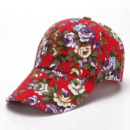 Gorra de béisbol floral roja con visera curva ajustable