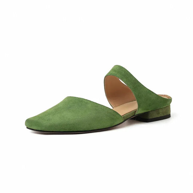 Chanclas planas retro sencillas de versión Müller, verde, ante, estilo casual