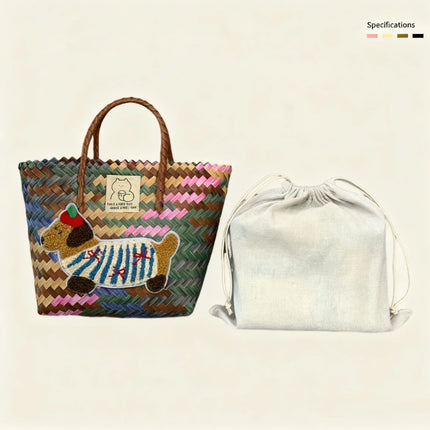 Large capacity sausage dog hand woven cabbage basket rattan woven handbag office miscellaneous carry bag picnic women's bag - tugranalmacen.com