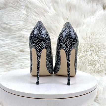Zapatos de tacón alto con estampado geométrico en charol negro, estilo elegante, tugranalmacen.com