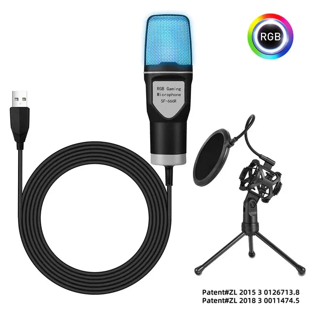 Micrófono de condensador SF-666R, micrófono luminoso RGB de siete colores con soporte amortiguador, micrófono para juegos de computadora USB - tugranalmacen.com