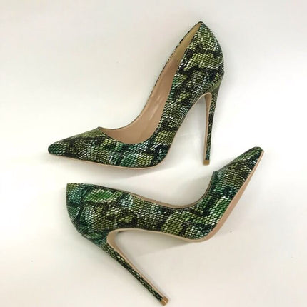 Zapatos de tacón alto verde con relieve estampado de pitón, estilo elegante, material sintético