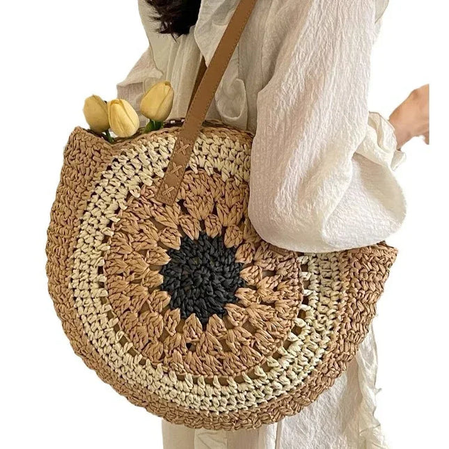 Paper rope hollow out colorful round plate grass woven bag casual beach bag one shoulder fashionable woven bag - tugranalmacen.com