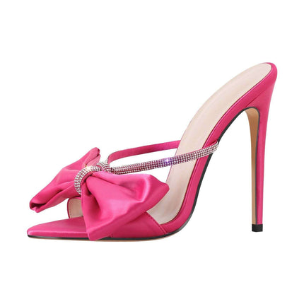 Sandalias de tacón alto y lazo grande para mujer, fucsia, satén, elegante