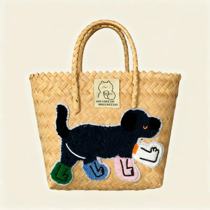 Large capacity sausage dog hand woven cabbage basket rattan woven handbag office miscellaneous carry bag picnic women's bag - tugranalmacen.com