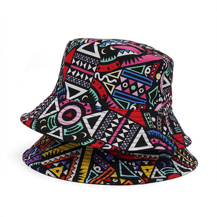 Sombrero bucket estampado étnico estilo japonés con diseño colorido y moderno.