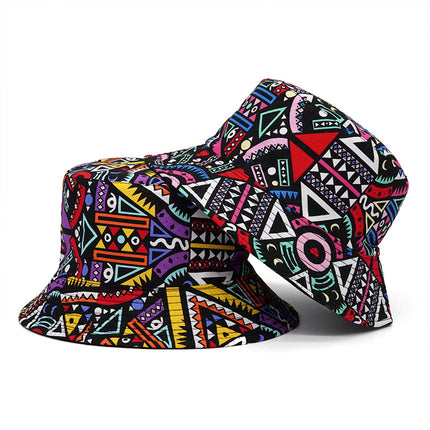 Sombrero bucket estampado étnico estilo japonés con diseño colorido y moderno.