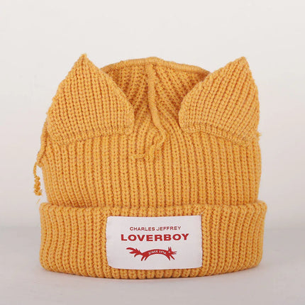 Gorro de lana con orejas engrosadas de doble capa, gorro de punto cálido de color sólido para otoño e invierno. - tugranalmacen.com