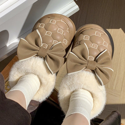Pantuflas marrones de algodón y terciopelo con lazo Fun-Mingsheng, diseño acolchado y borde de felpa blanca